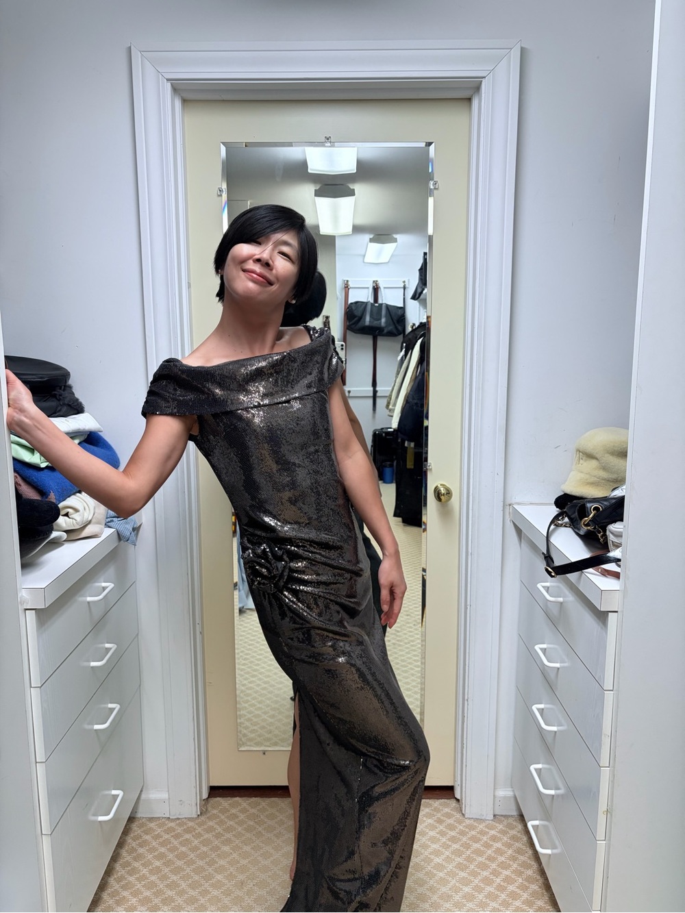 NWOT Roland Mouret Silver Sequin Cowl Neck Maxi Dress, Size US 6